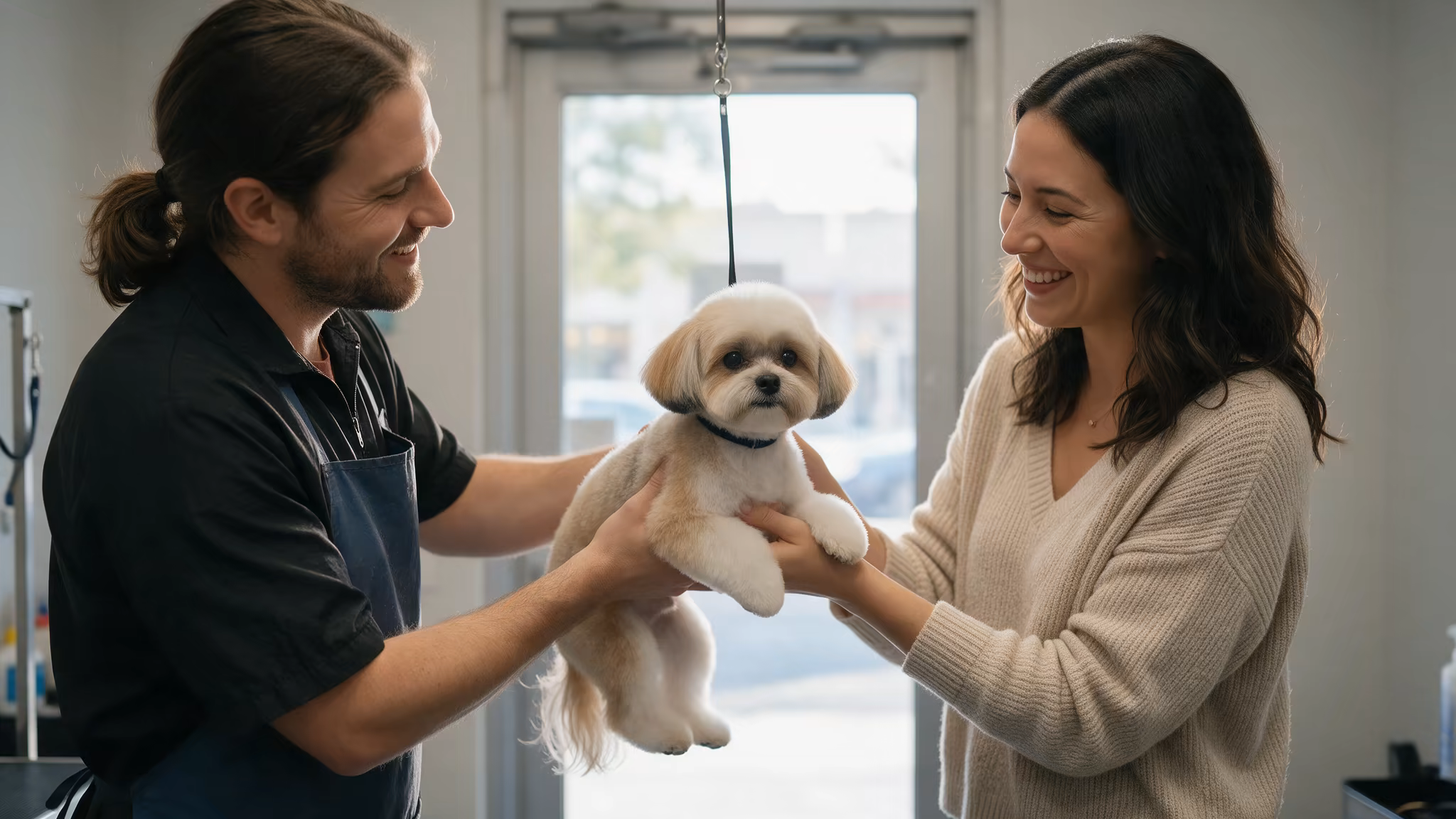 Frisch geschnittener Hund wird am Ausgang des Hundesalons an seine Besitzerin übergeben